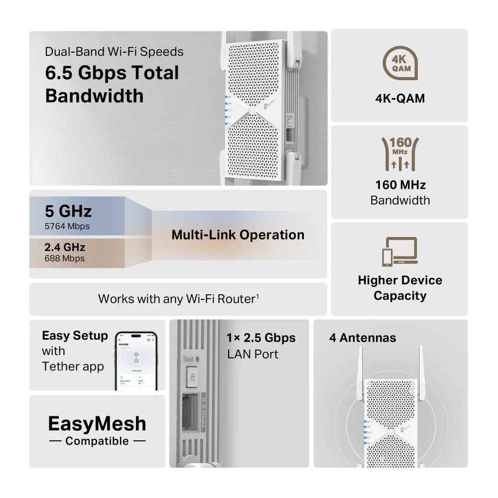BE6500 Dual - Band Wi - Fi 7 Range Extender | RE405BE - RE405BE