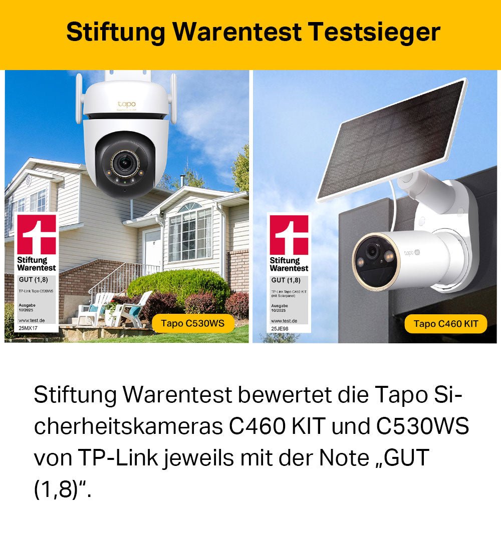 Stiftung Warentest bewertet Sicherheitskameras Tapo C460 KIT und Tapo C530WS von TP-Link jeweils mit der Note GUT (1,8) - TP-Link Tapo Deutschland
