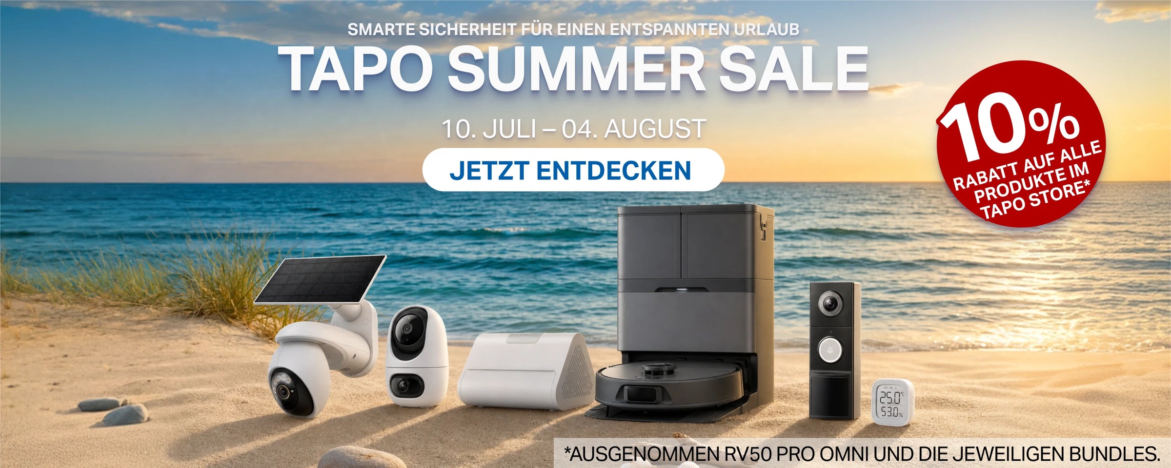 Tapo Summer Sale Banner am Strand mit Tapo RV50 Pro Omni Saugroboter, Tapo H500, Tapo C245D Kamera, Tapo C660 KIT Solarkamera, Tapo D235 Video-Türklingel und Tapo T315 Sensor sowie 10%-Rabatt-Hinweis.
