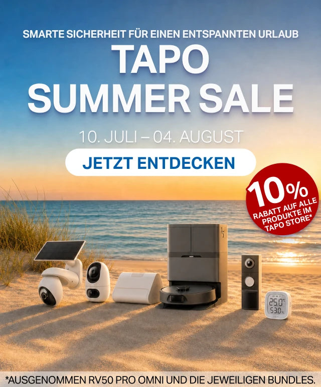Mobiler Tapo Summer Sale Banner mit Tapo RV50 Pro Omni, Tapo H500, Tapo C245D, Tapo C660 KIT, Tapo D235 und Tapo T315 vor einem Strandhintergrund mit 10%-Rabatt-Badge.